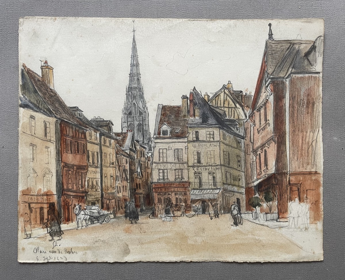 Rouen, Place Eau de Robec, aquarelle datée 1923