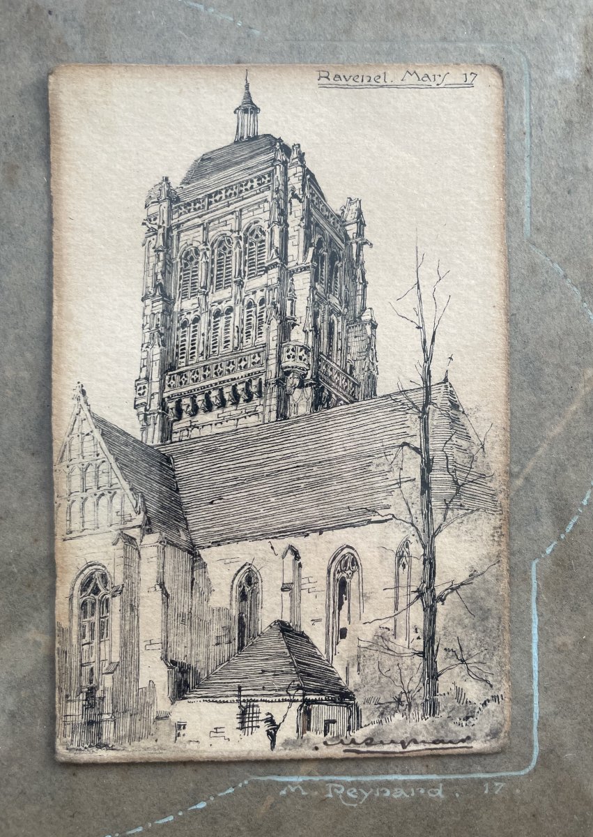 Eglises du Hamel et de Ravenel et maison alsacienne, trois dessins, signature à identifier-photo-4