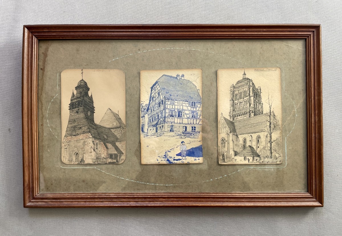 Eglises du Hamel et de Ravenel et maison alsacienne, trois dessins, signature à identifier