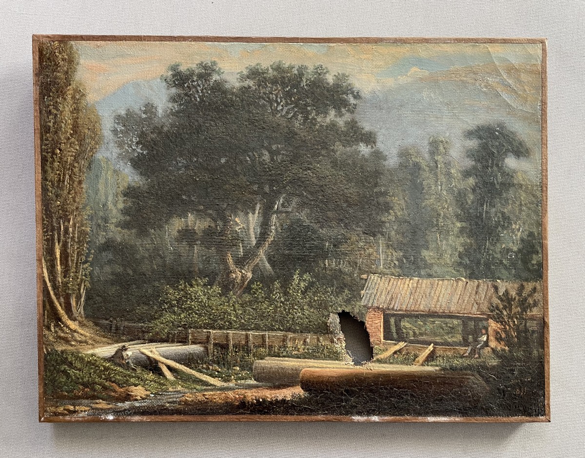 Bucherons au repos, huile sur toile signée et datée 1855
