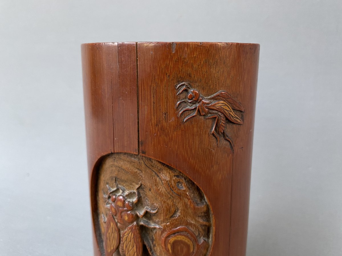 Bamboo Pot Decorated With Birds And Insects, China, Late 19th Century-photo-3