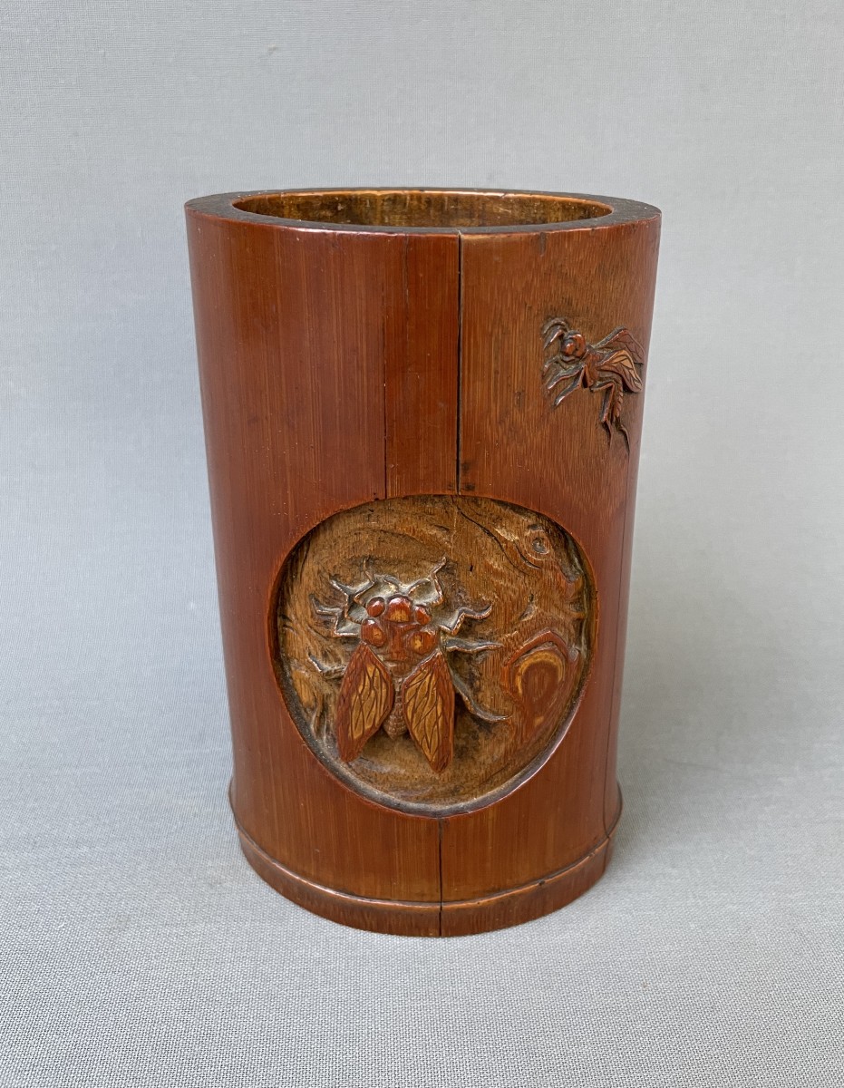 Bamboo Pot Decorated With Birds And Insects, China, Late 19th Century