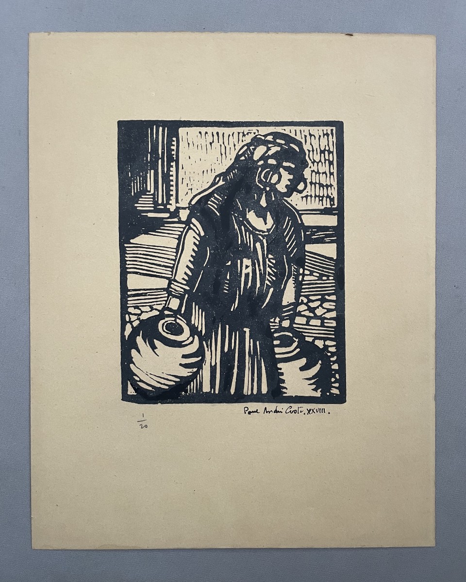 The Pitcher Carrier, Engraved Wood, Signed Paul André Coste