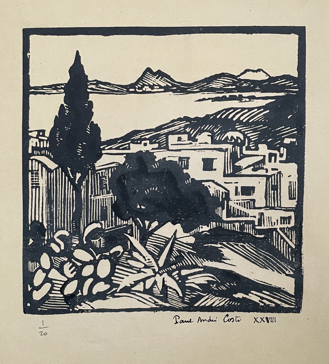 Village méditerranéen, bois gravé signé Paul André Coste-photo-2