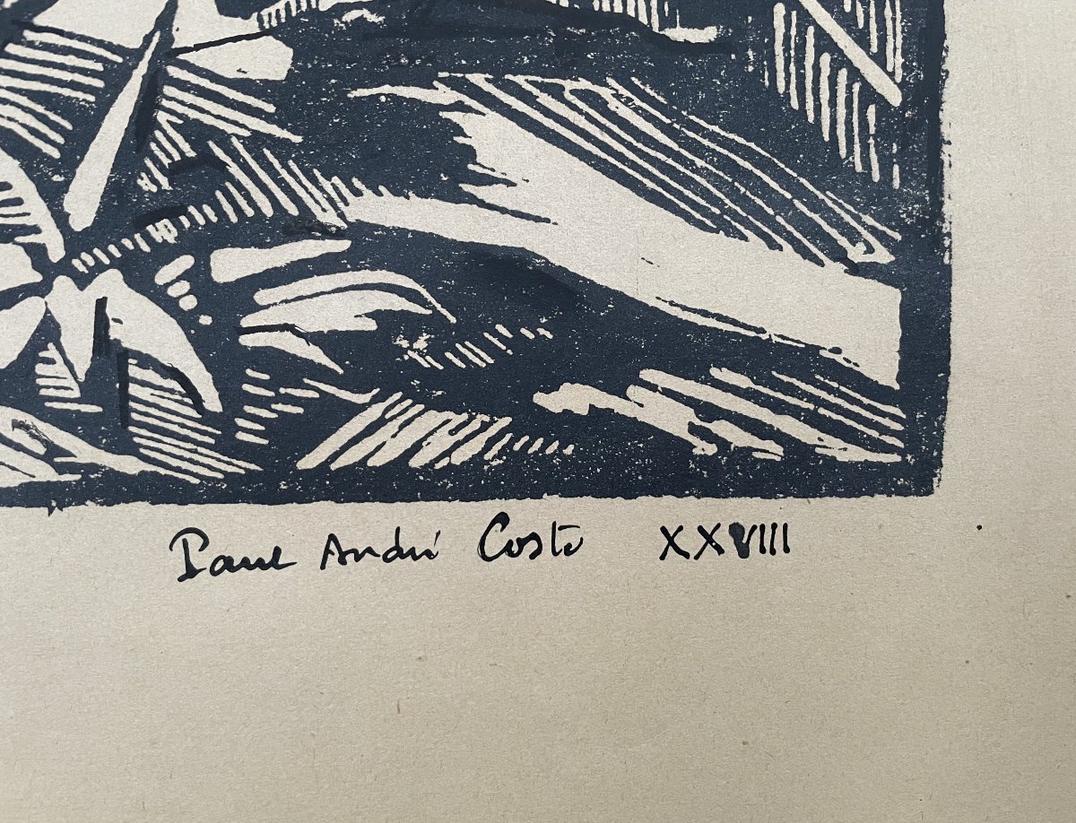 Village méditerranéen, bois gravé signé Paul André Coste-photo-3