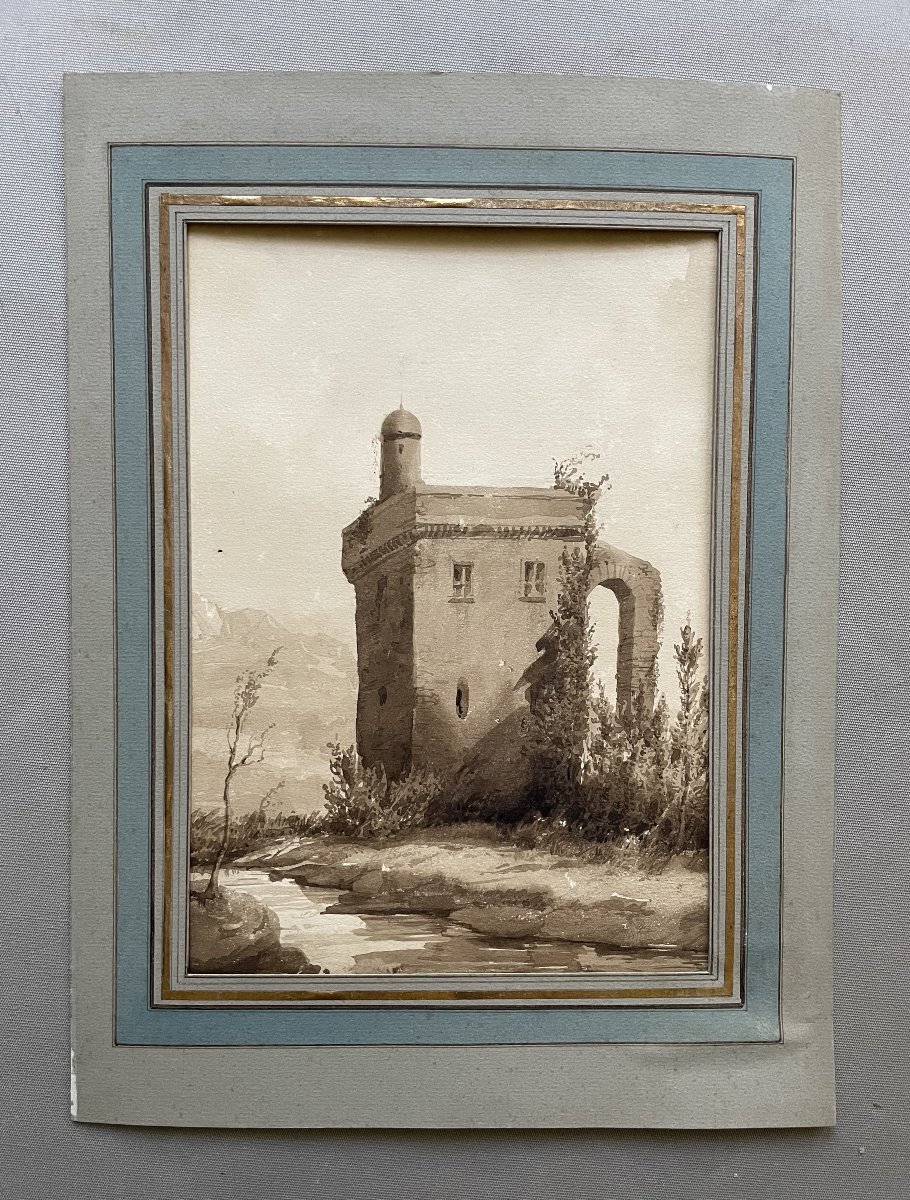 Tour carrée, lavis d'encre brune-photo-2