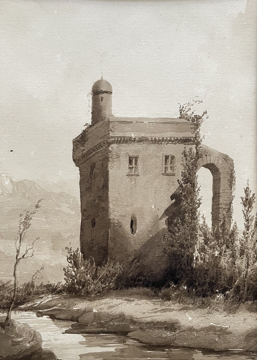 Tour carrée, lavis d'encre brune