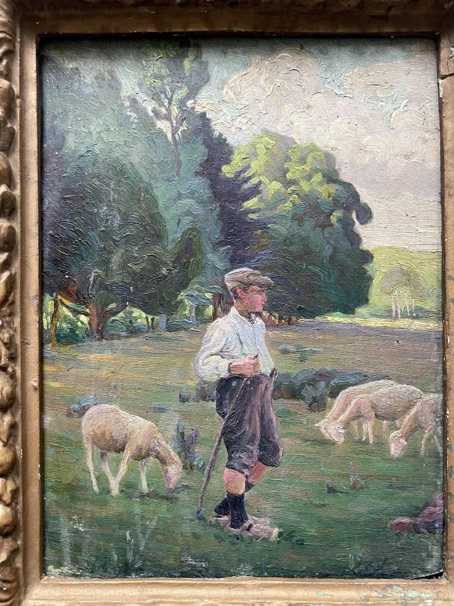 Jeune berger, huile sur carton, début XXe-photo-2