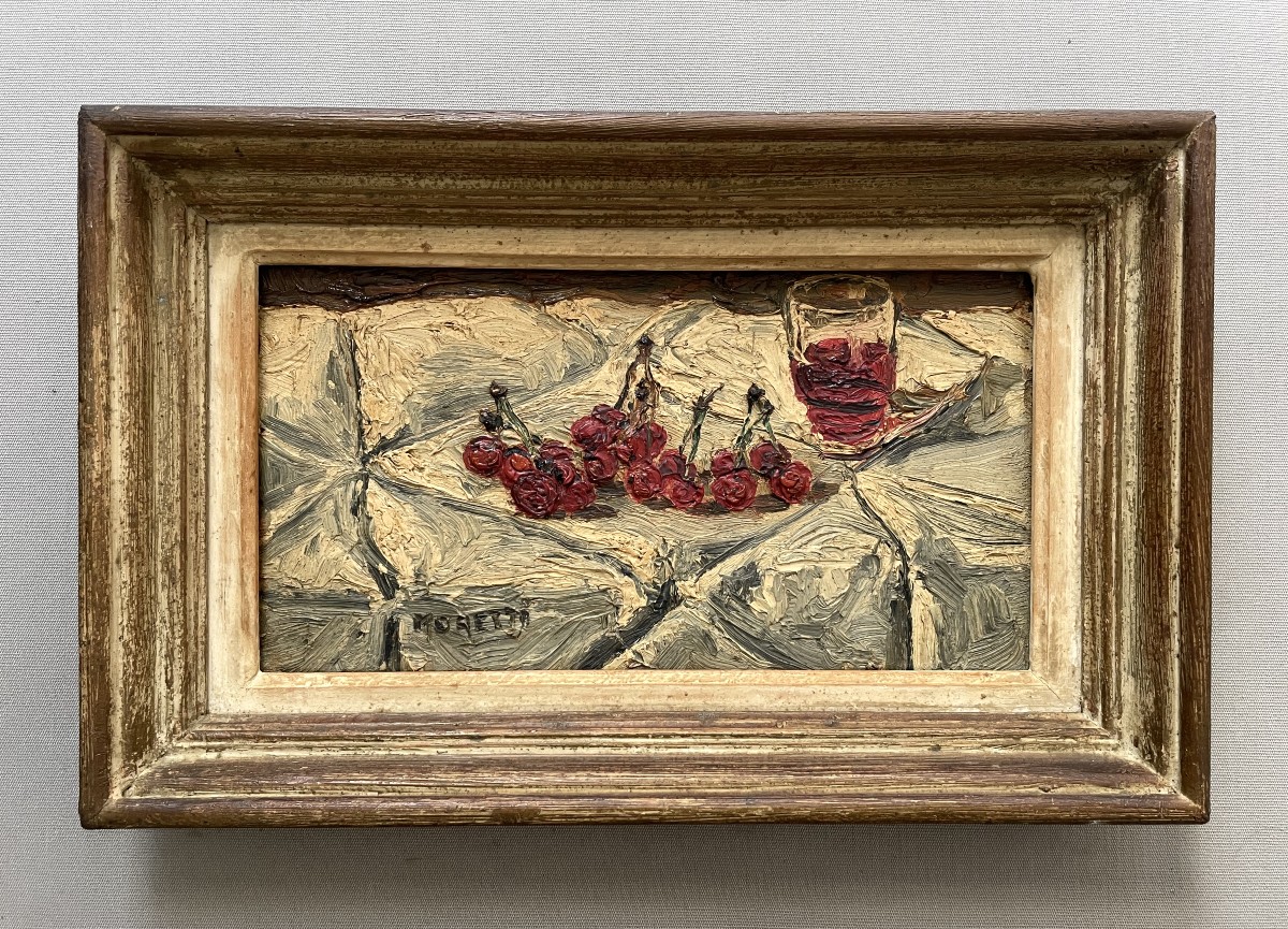 Still Life With Cherries, Oil On Panel Signed Moretti