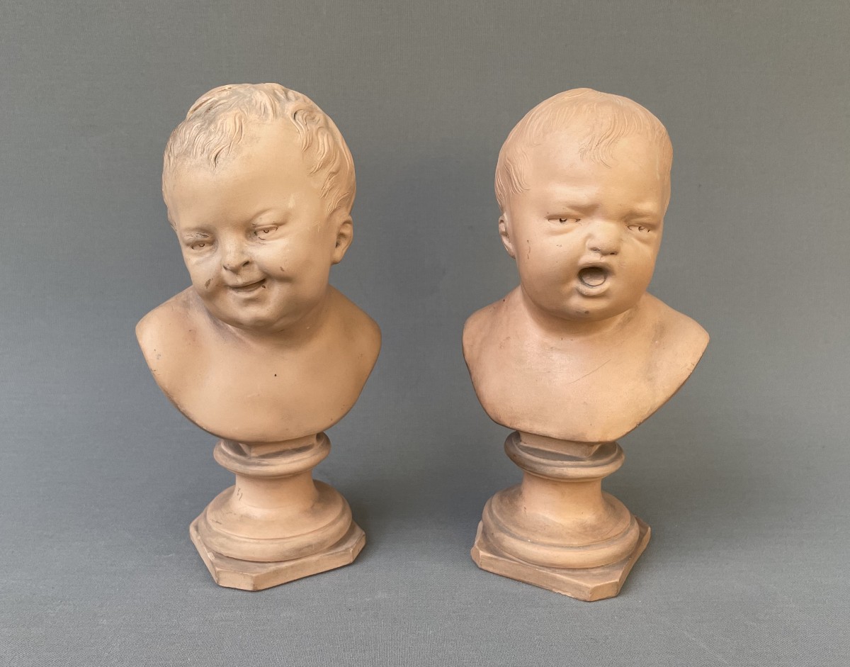 Jean qui rit, Jean qui pleure - paire de bustes en terre cuite