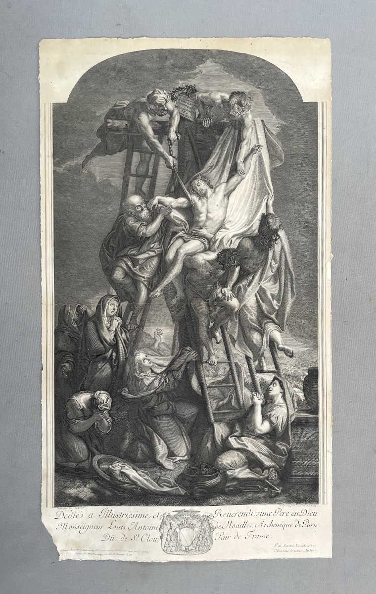 Descent From The Cross, Engraving By Audran After Le Brun