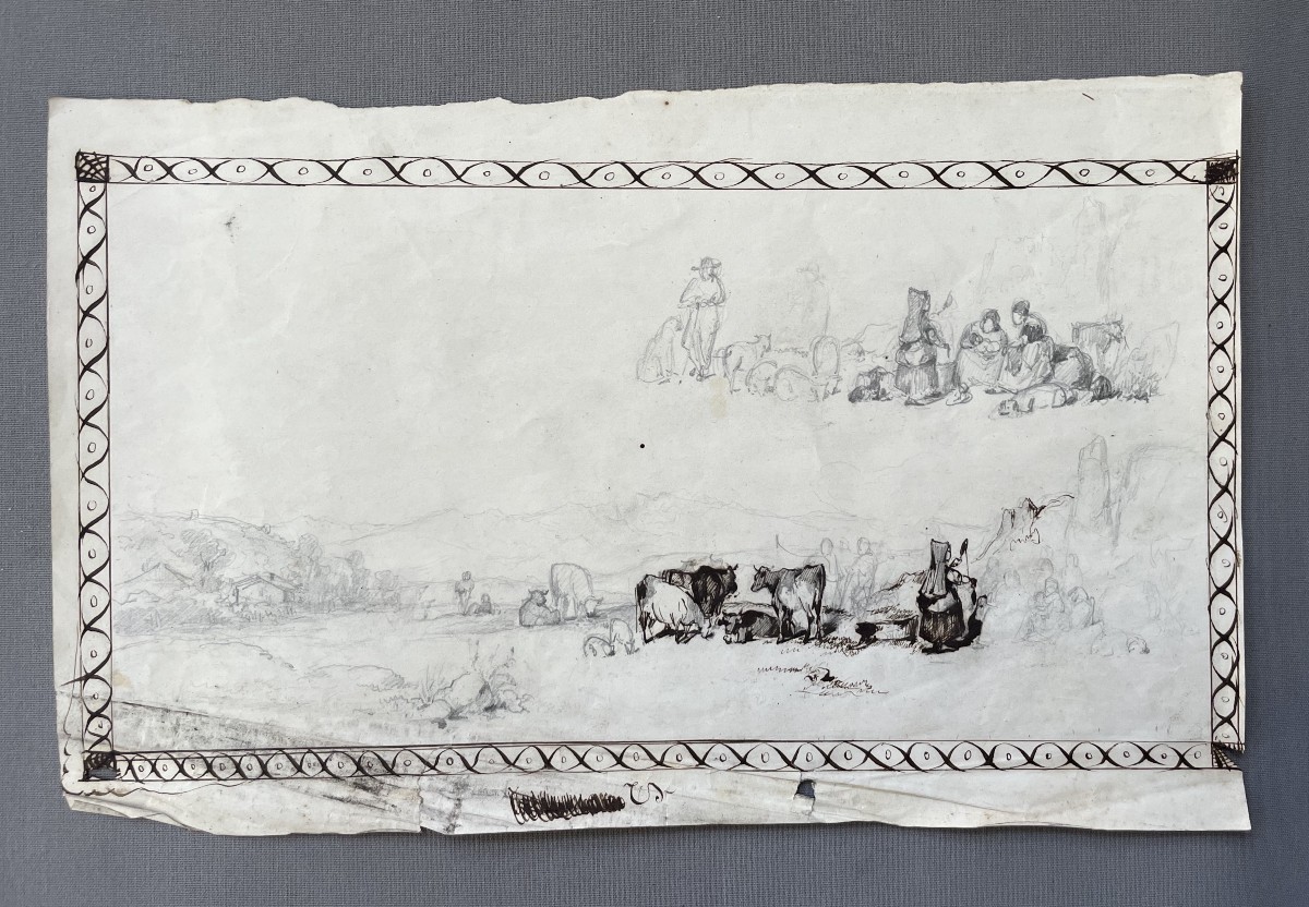 Animaux et groupe de paysans, dessin, esquisse