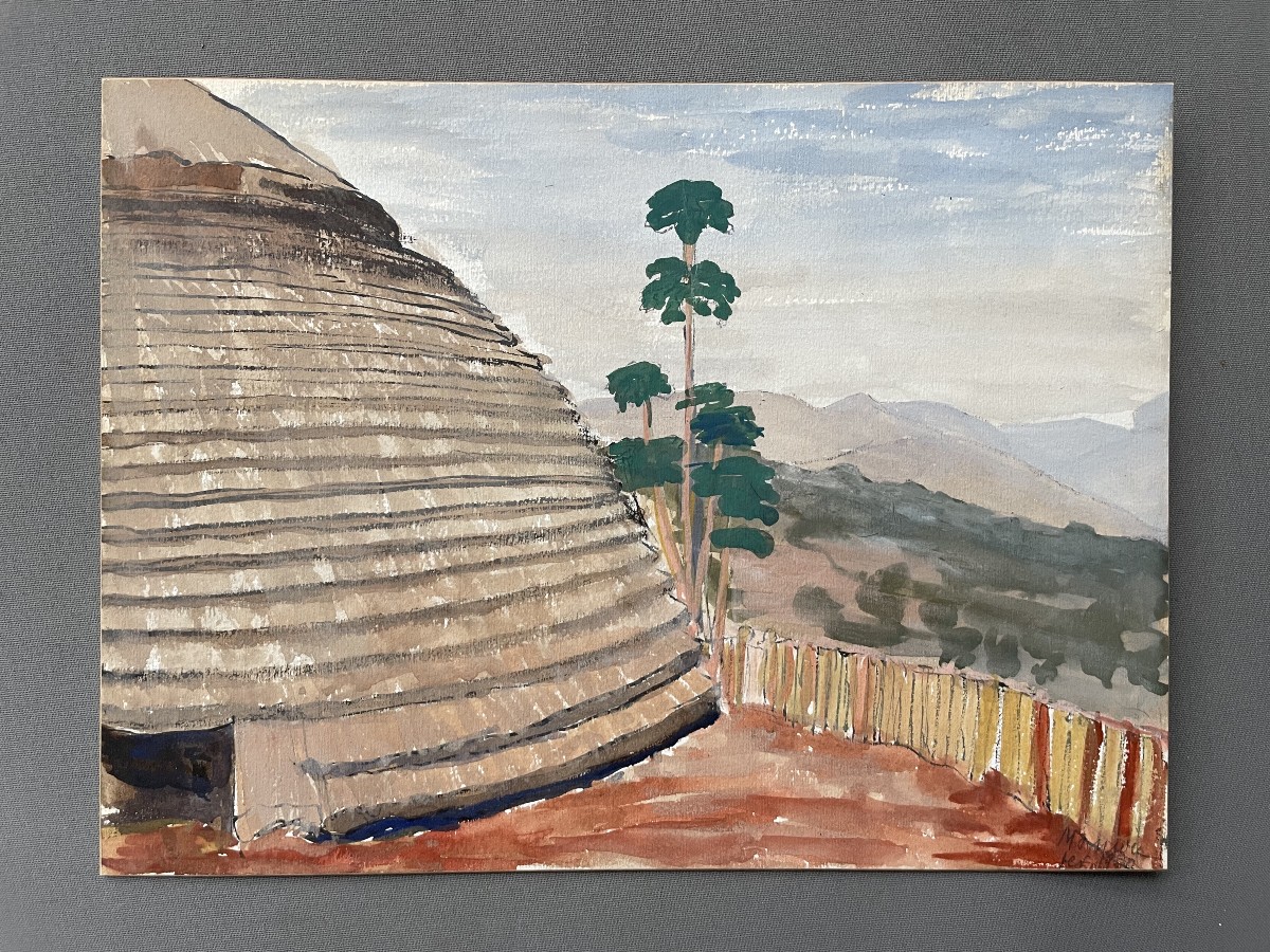 Hutte, Afrique, gouache, signature à identifier
