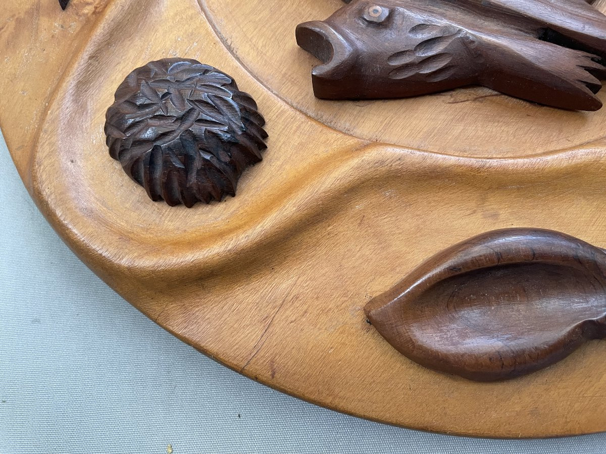Max Meder, Large Wooden Tray Carved On A Seabed Theme-photo-4