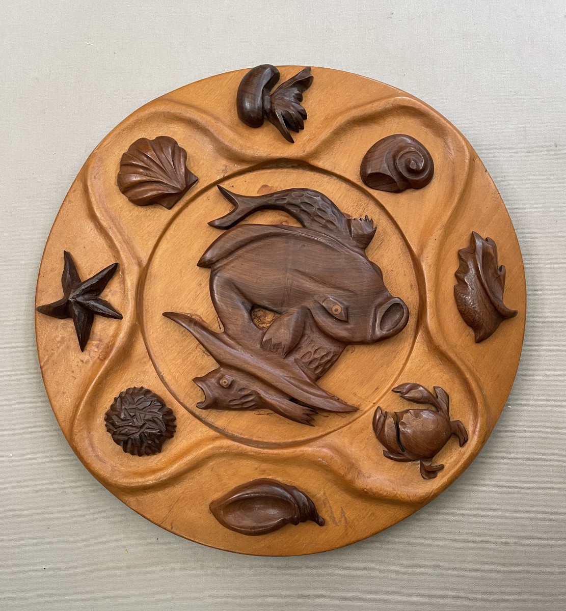 Max Meder, Large Wooden Tray Carved On A Seabed Theme