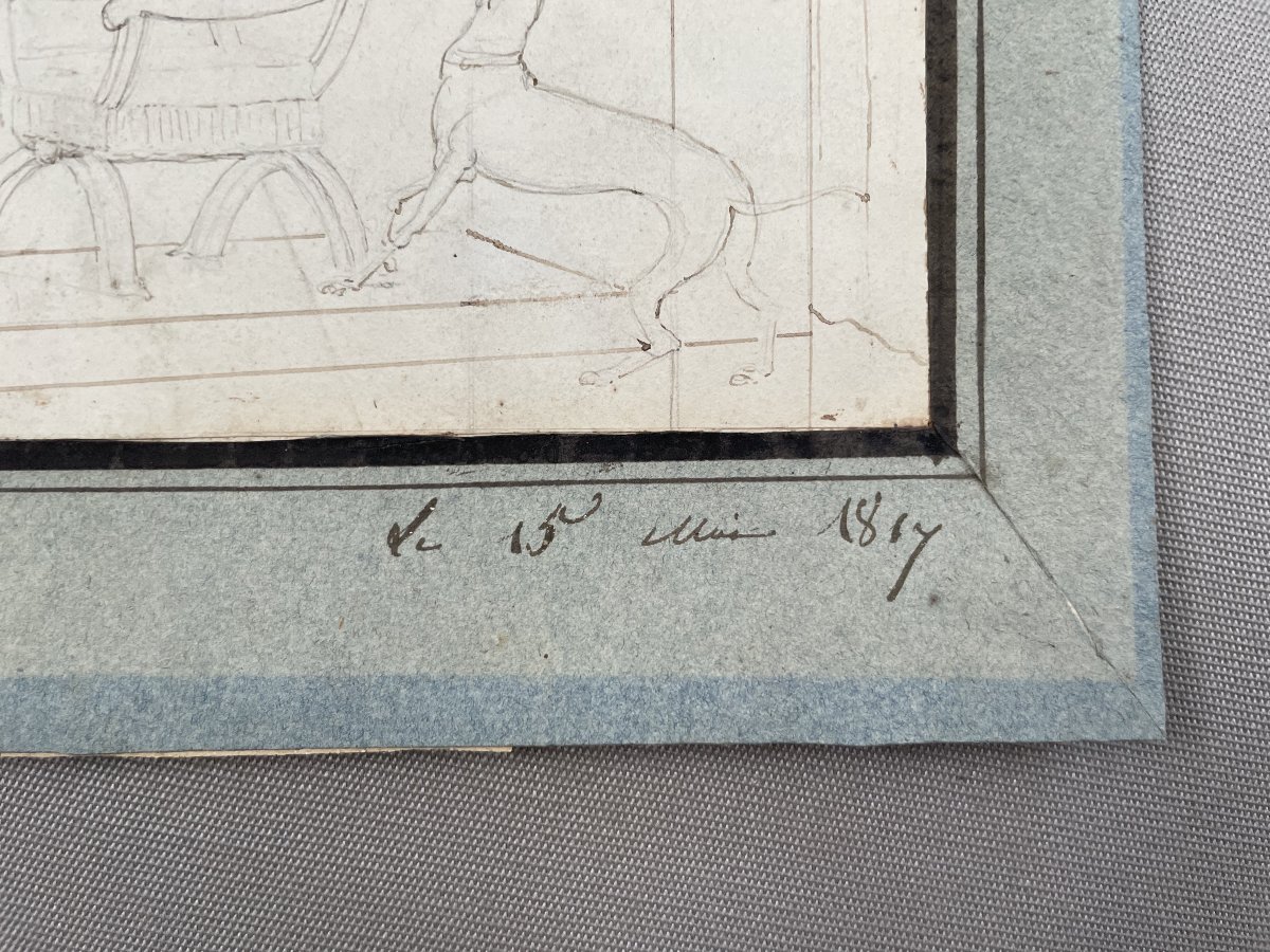 Visitor Coaxing A Greyhound, Drawing Dated 1817-photo-2