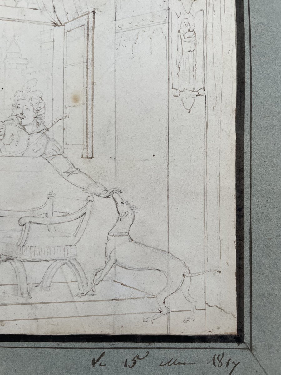 Visitor Coaxing A Greyhound, Drawing Dated 1817-photo-4