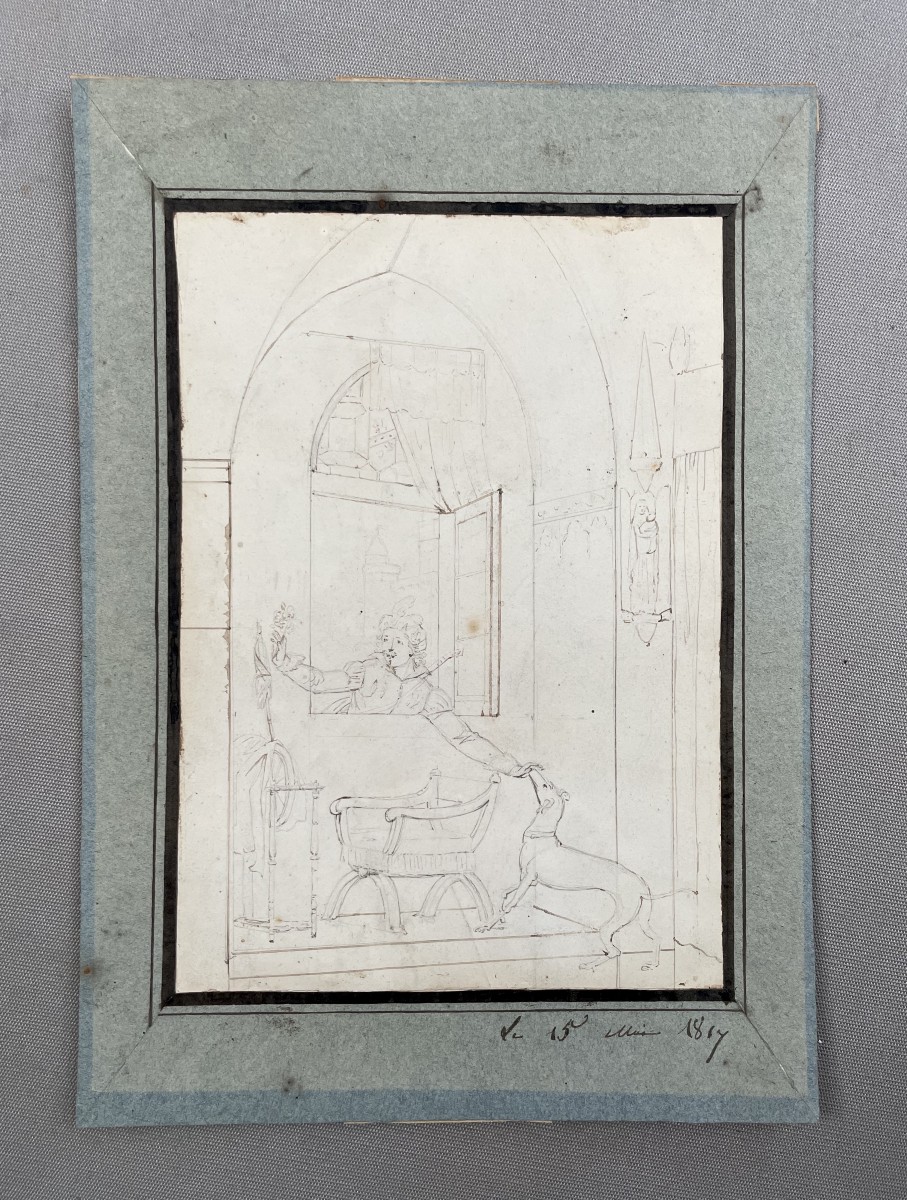 Visitor Coaxing A Greyhound, Drawing Dated 1817