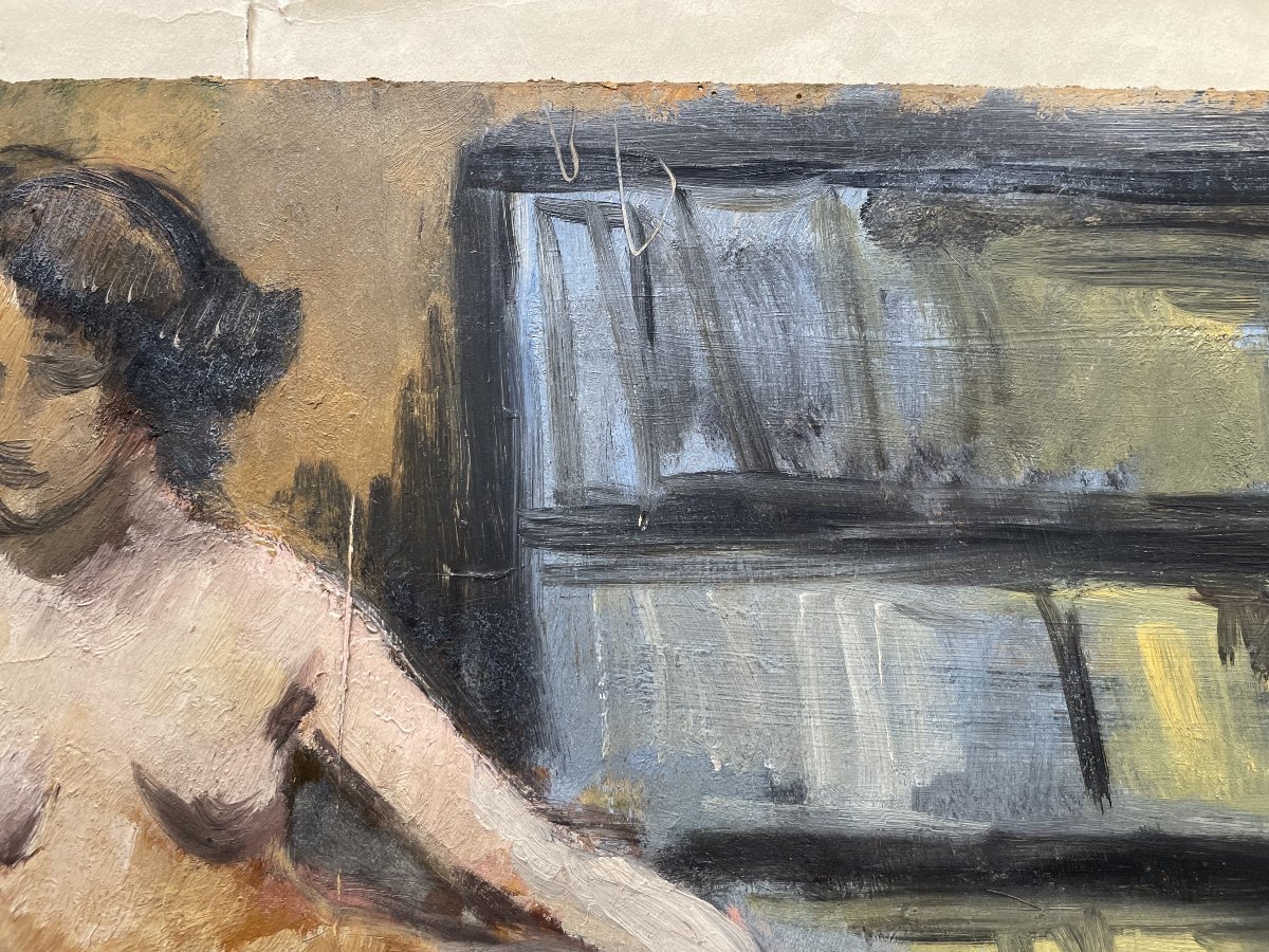 Raoul Domenjoz, Nude Woman On A Sofa, Oil On Paper-photo-1