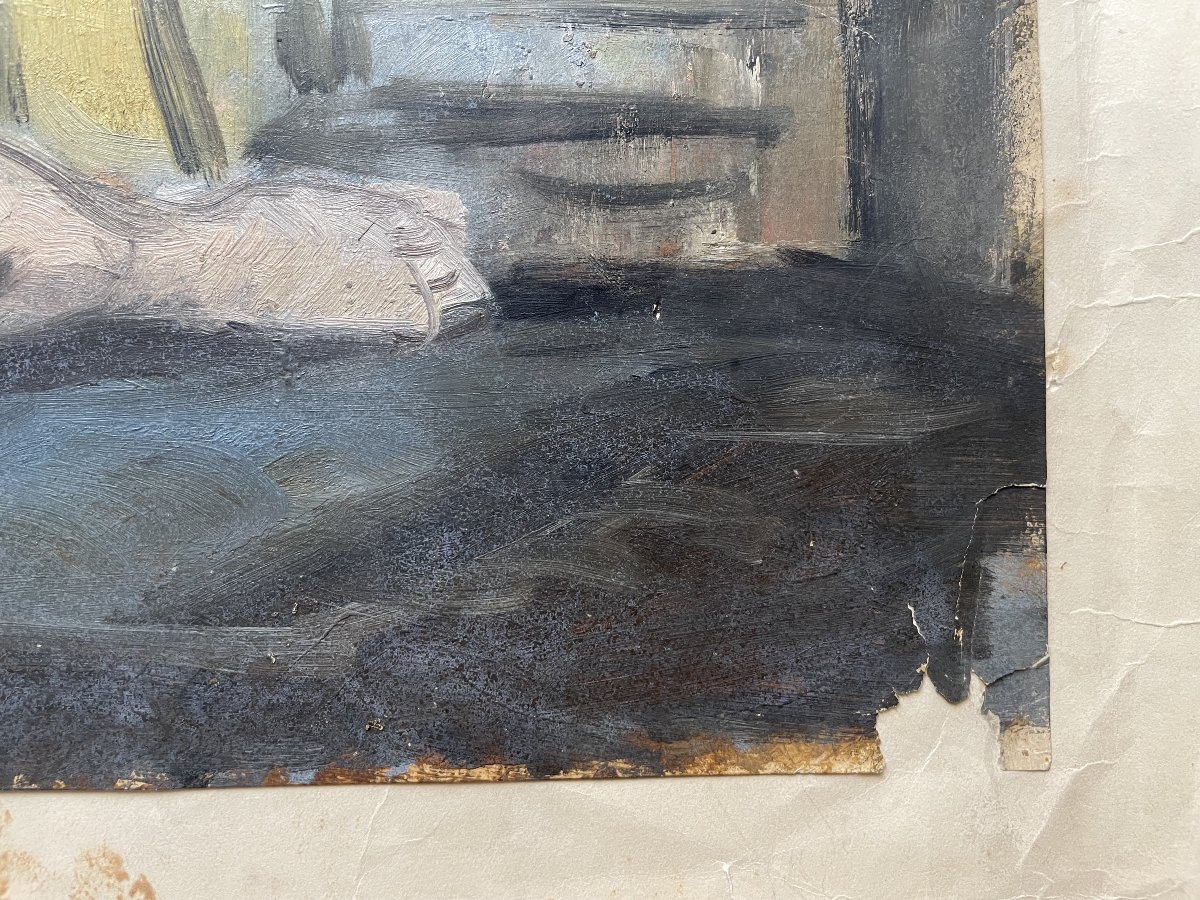 Raoul Domenjoz, Nude Woman On A Sofa, Oil On Paper-photo-3