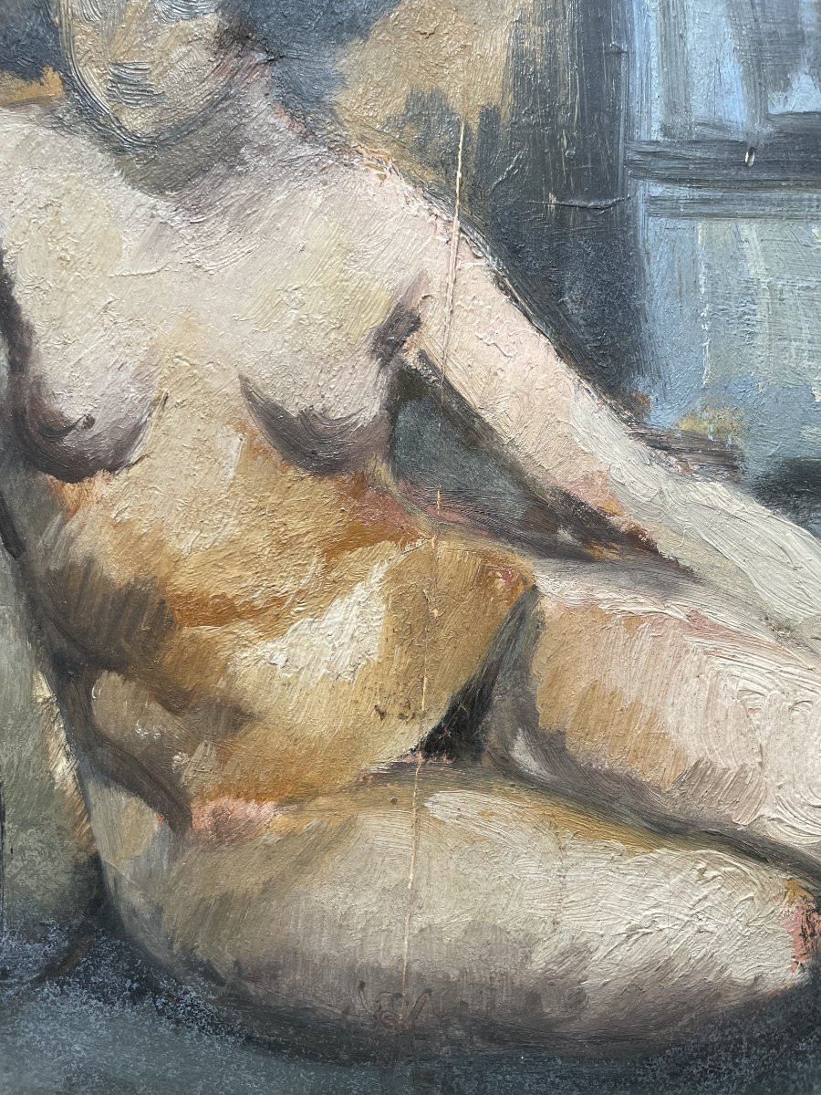 Raoul Domenjoz, Nude Woman On A Sofa, Oil On Paper-photo-4