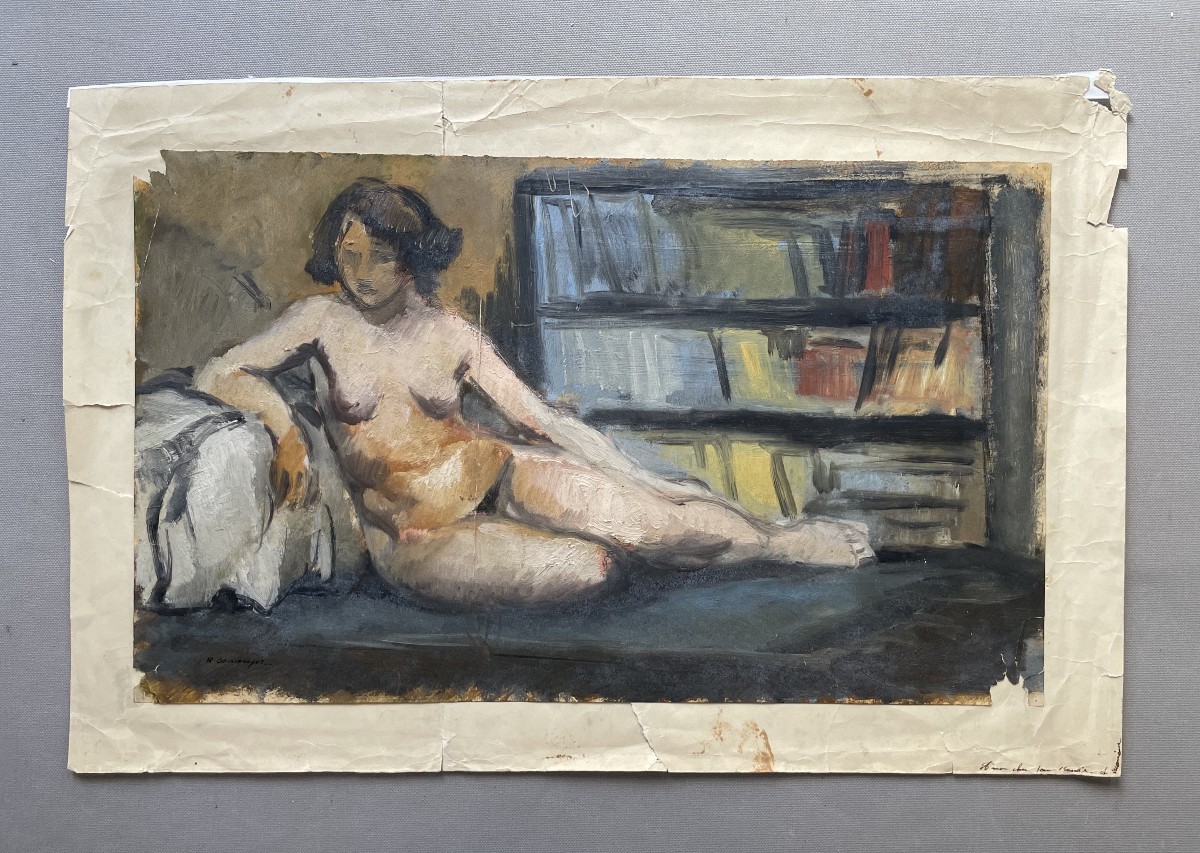 Raoul Domenjoz, Nude Woman On A Sofa, Oil On Paper
