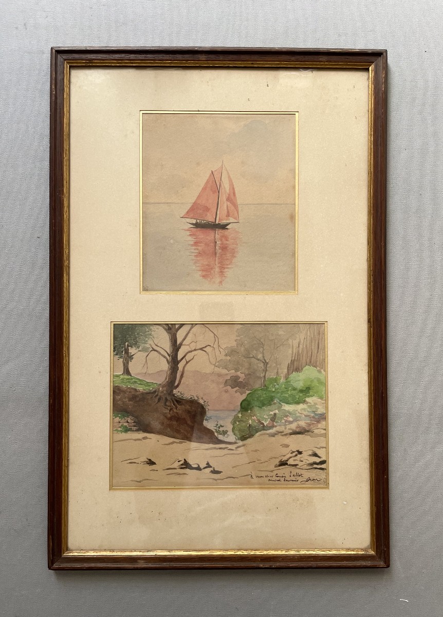 Deux aquarelles dans un même encadrement
