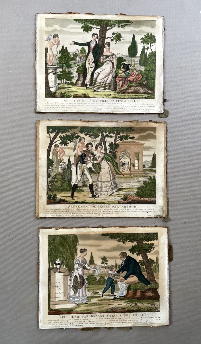 Les tribulations de Fitz-Henri, série de trois gravures d'époque Empire