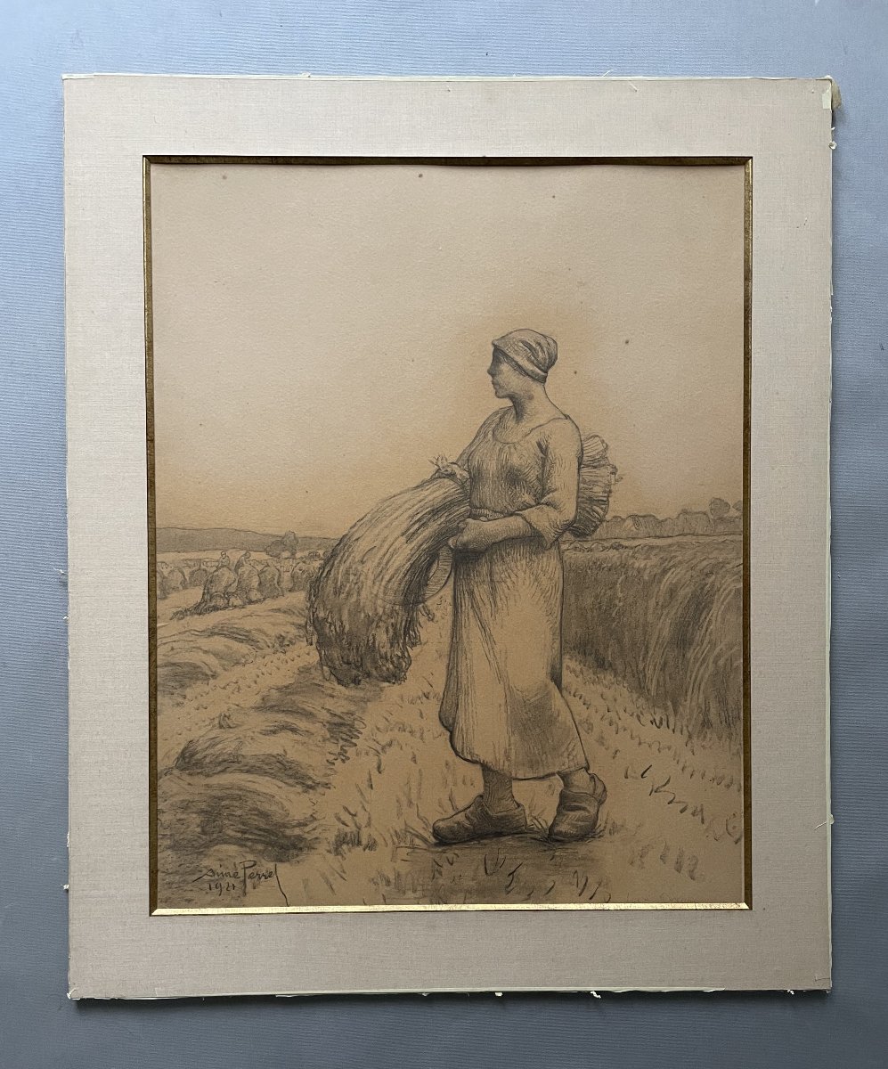  Aimé Perret, scène de moisson, dessin au fusain-photo-2