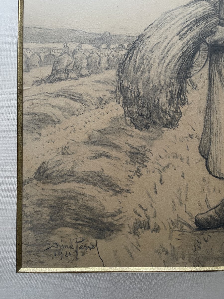  Aimé Perret, scène de moisson, dessin au fusain-photo-3