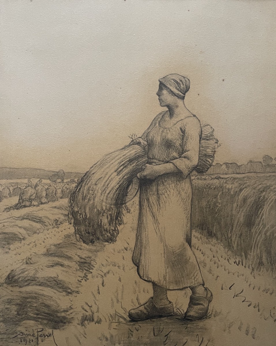  Aimé Perret, scène de moisson, dessin au fusain