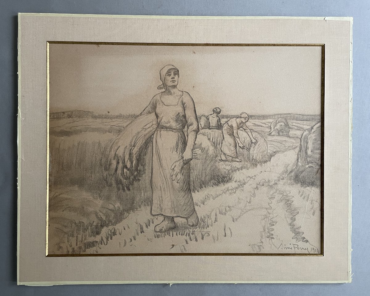 Aimé Perret, Harvest Scene, Charcoal Drawing-photo-2