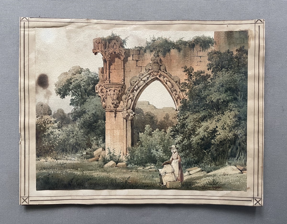 l'étude Des Ruines, Watercolor Attributed To Joseph Vézien Desombrages