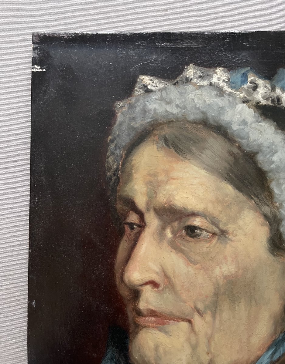 Portrait Of A Woman With A Blue Ribbon, Oil On Panel-photo-2