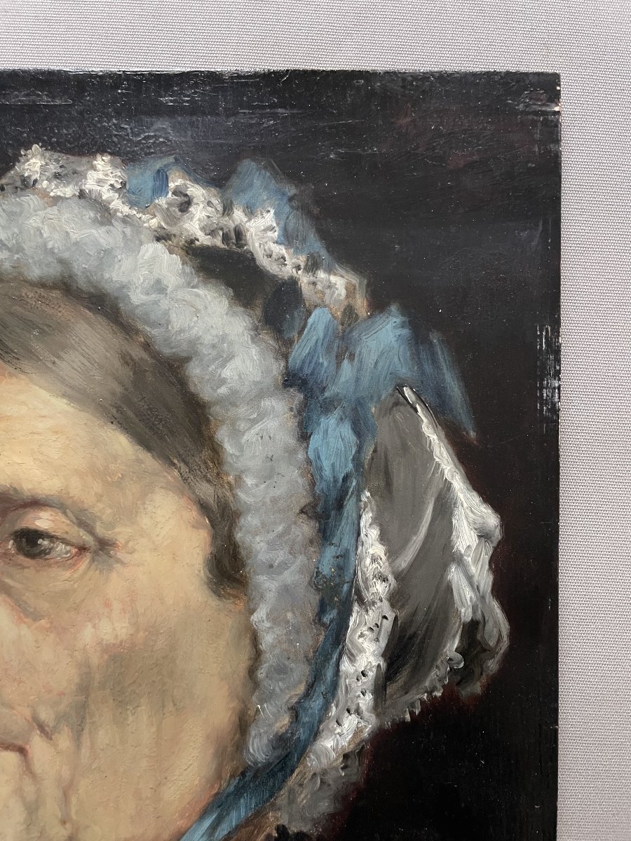 Portrait Of A Woman With A Blue Ribbon, Oil On Panel-photo-3