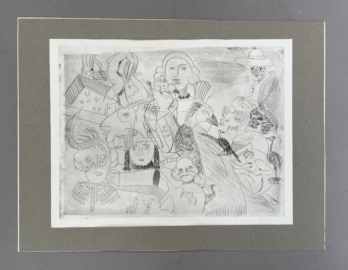 Personnages et animaux, pointe sèche, artiste à identifier-photo-2