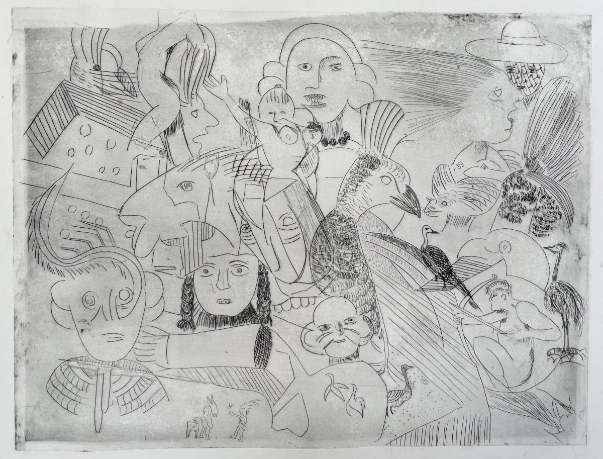 Personnages et animaux, pointe sèche, artiste à identifier