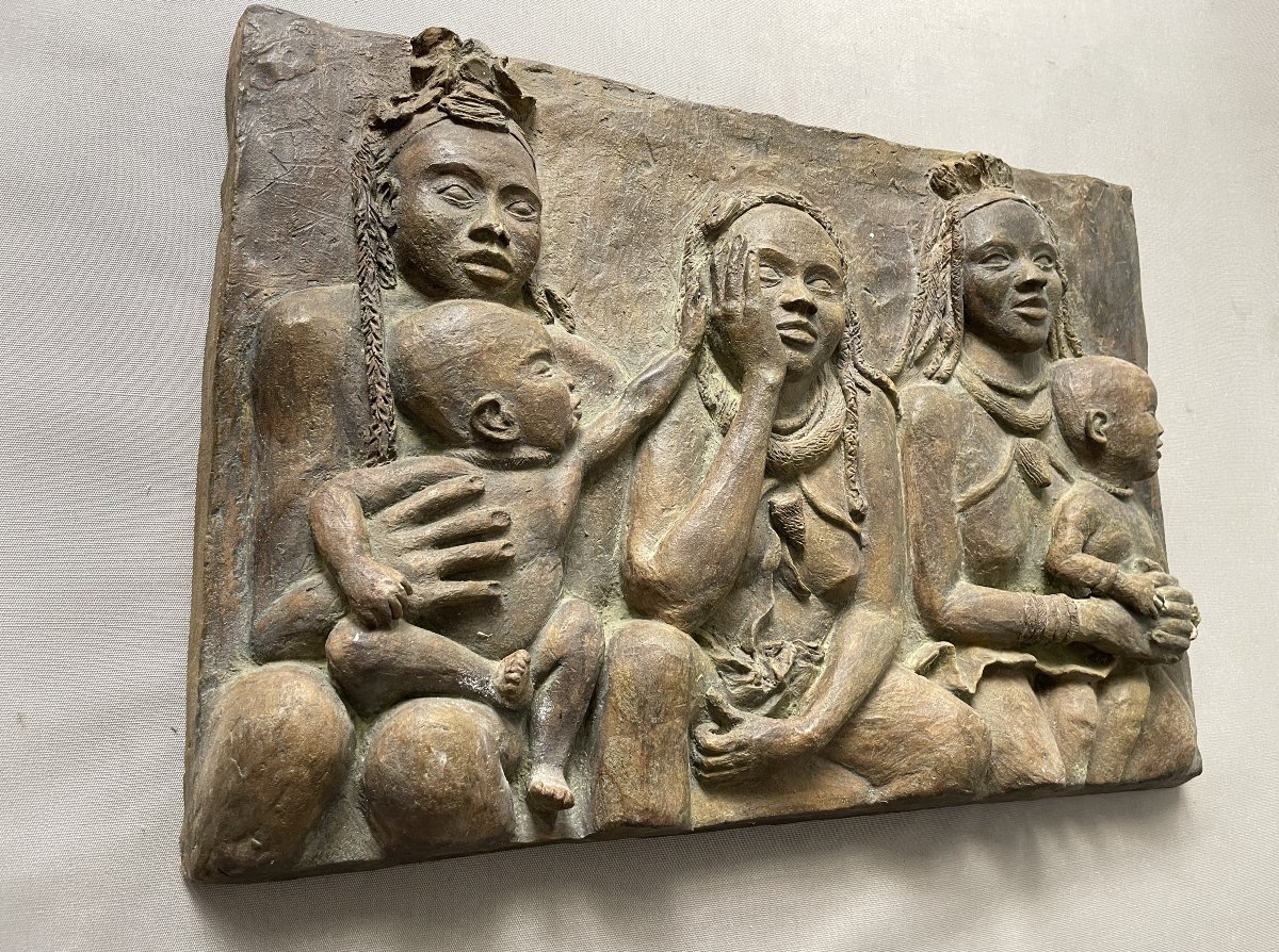 African Women And Children, Terracotta High Relief-photo-2