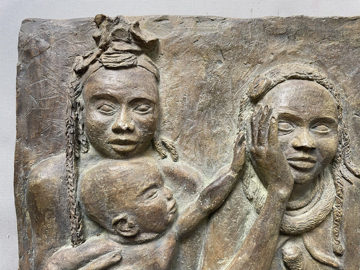 African Women And Children, Terracotta High Relief-photo-3