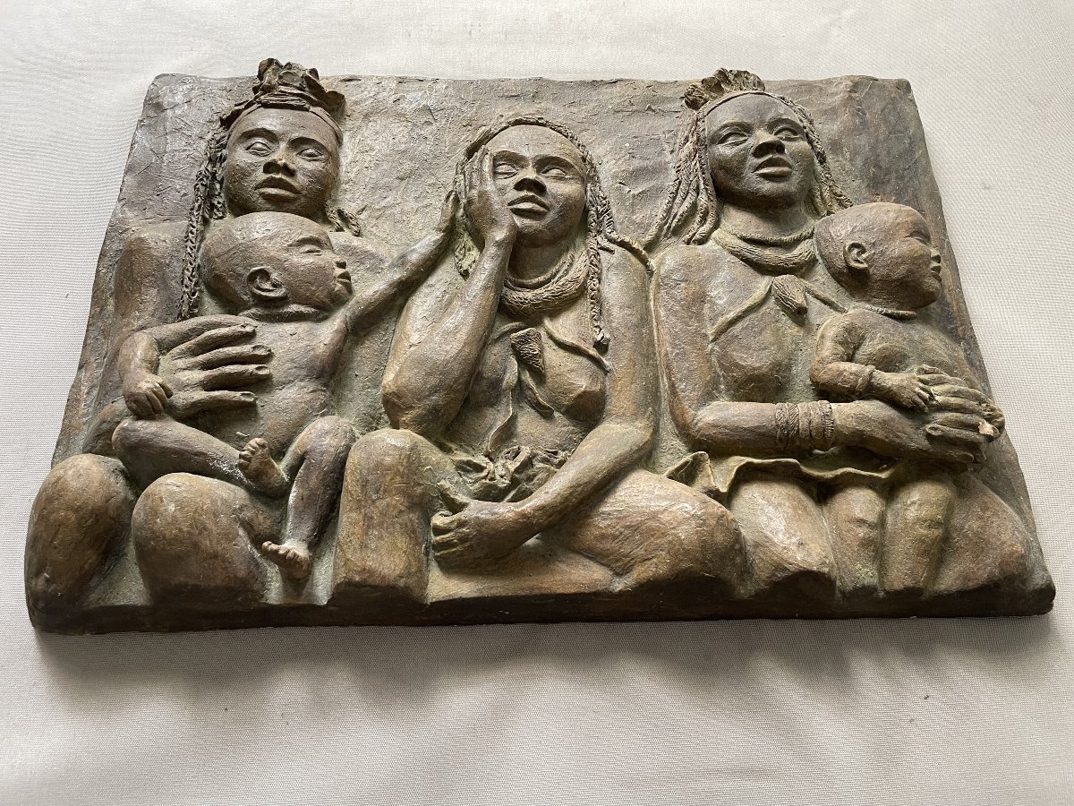 African Women And Children, Terracotta High Relief-photo-4
