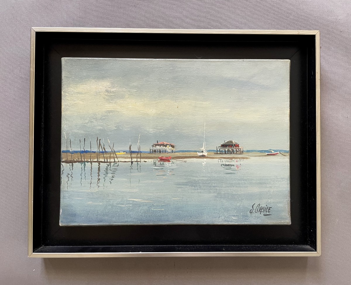 Serge Corbice, les cabanes de l'île, Bassin d'Arcachon, huile sur toile