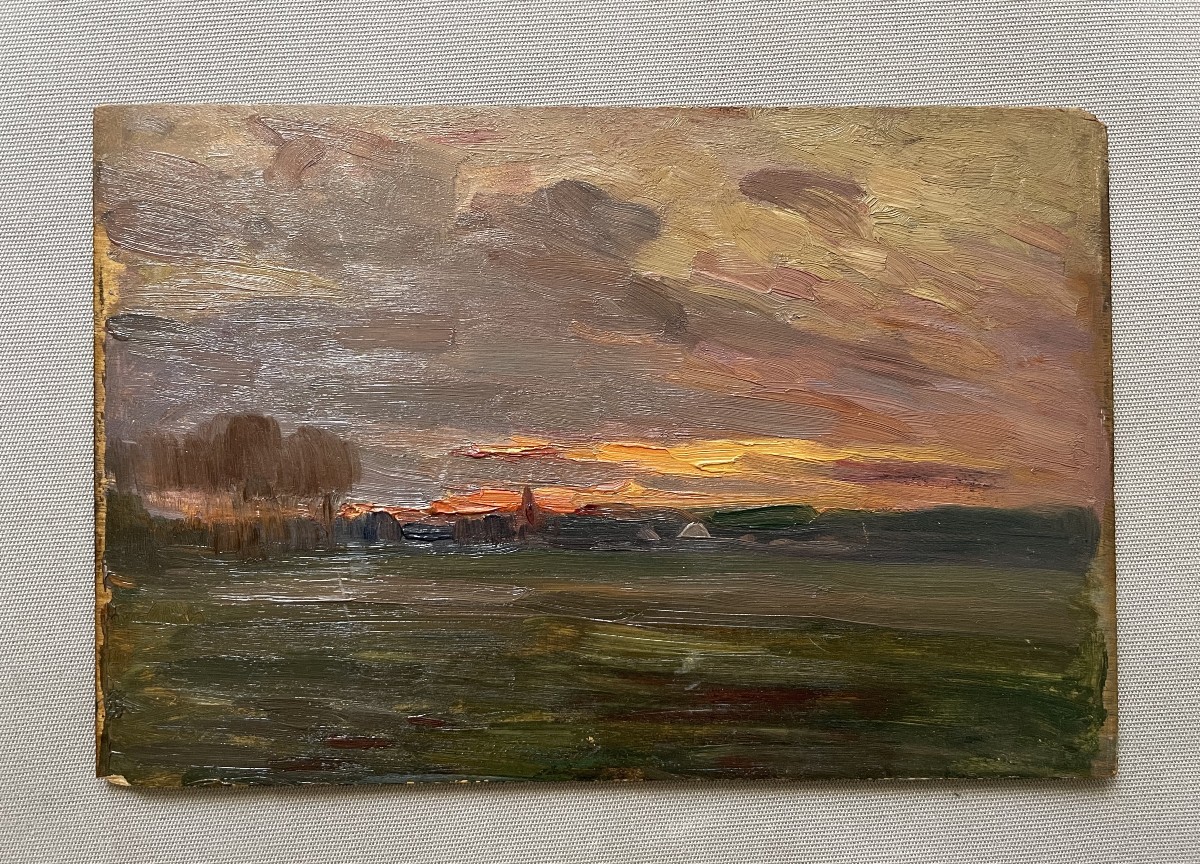 Landscape At Dusk, Oil On Panel