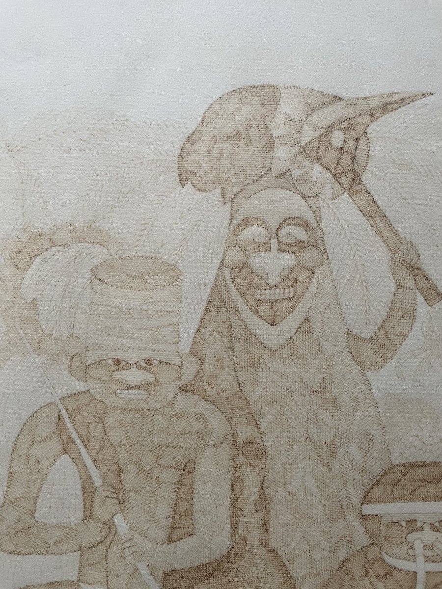 Characters From New Caledonia, Brown Ink Drawing-photo-2