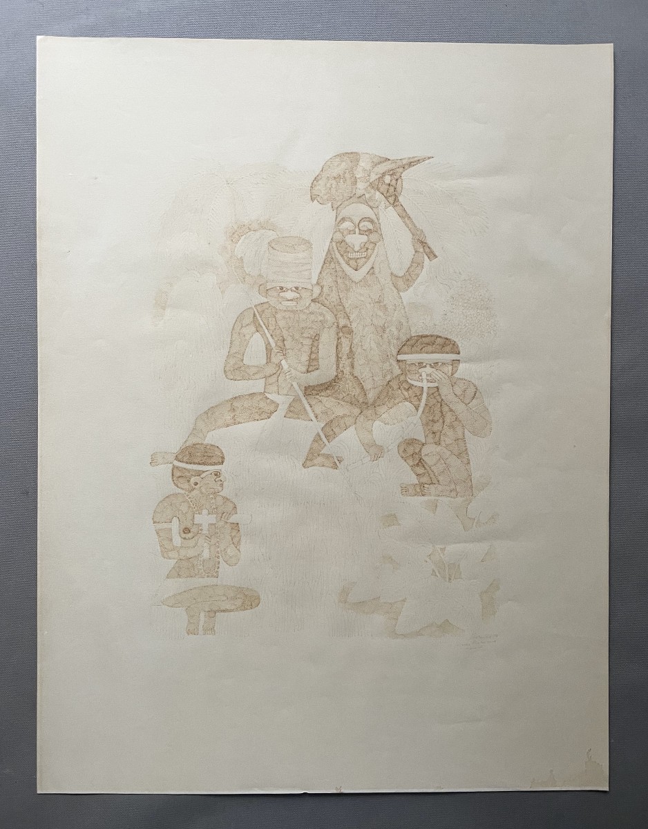 Characters From New Caledonia, Brown Ink Drawing