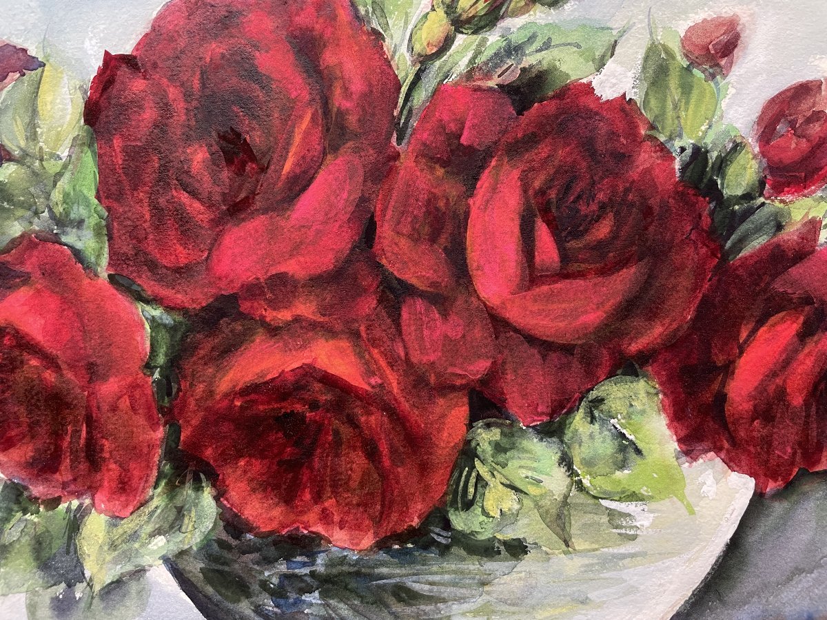  Madeleine Renaud, Bouquet Of Roses, Watercolor-photo-3