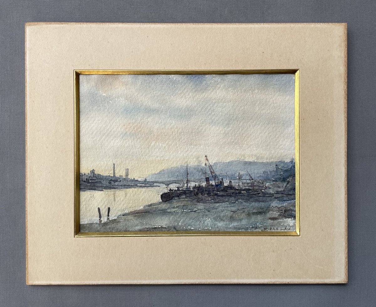 Vue de port, aquarelle signée R. Abbadie-photo-2