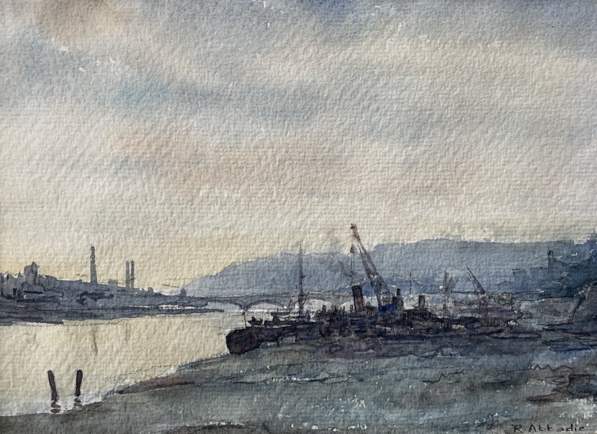 Vue de port, aquarelle signée R. Abbadie