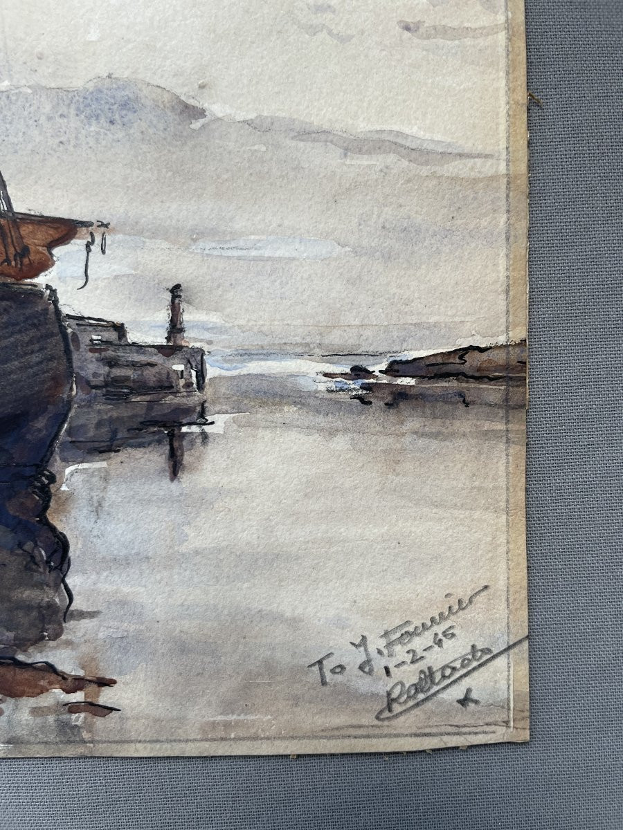 Bateau à Quai, Watercolor, Signature To Be Identified-photo-2