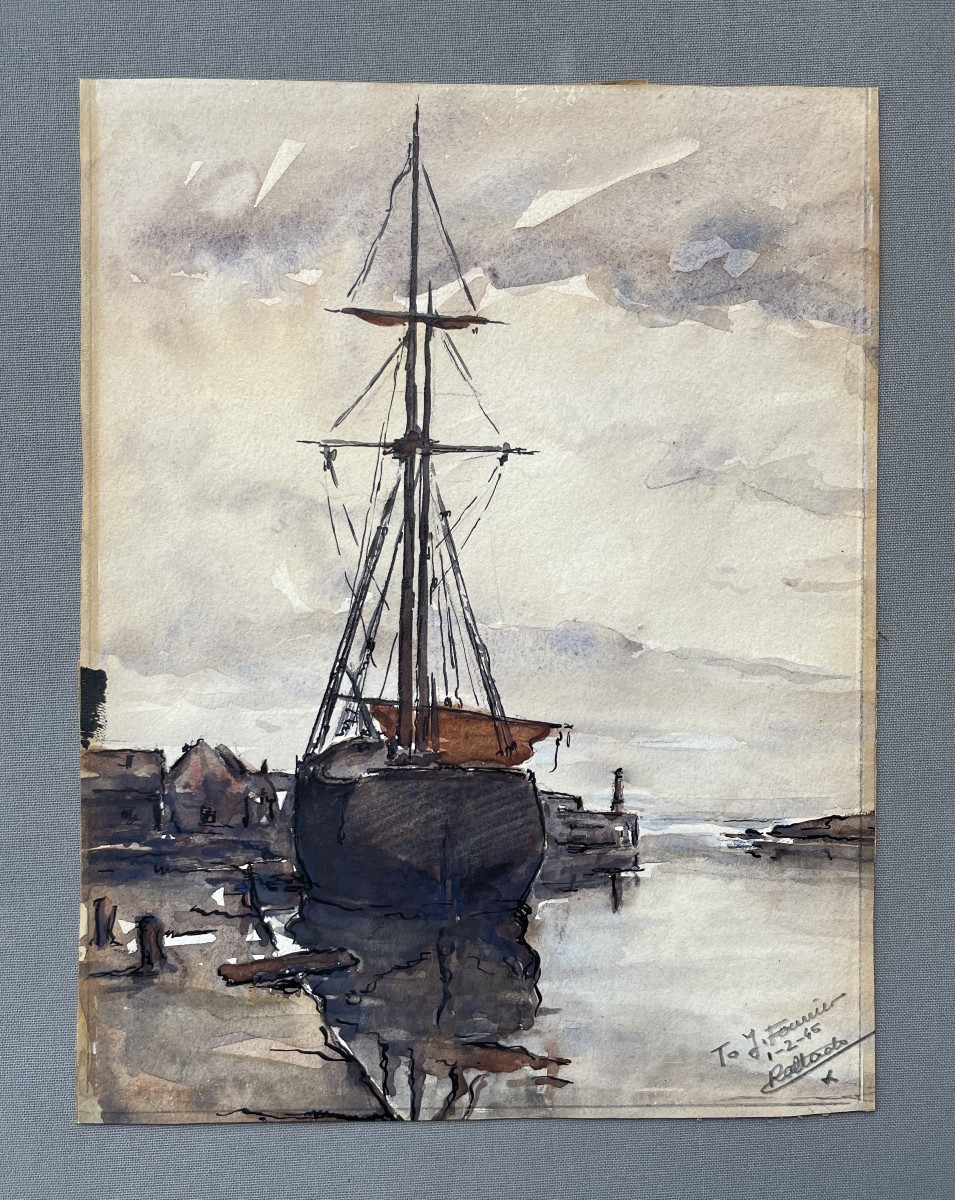 Bateau à Quai, Watercolor, Signature To Be Identified