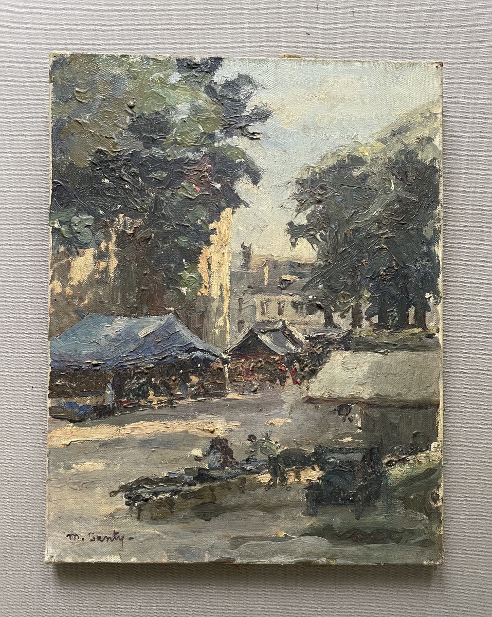 Scène de marché, huile sur toile signée M. Genty